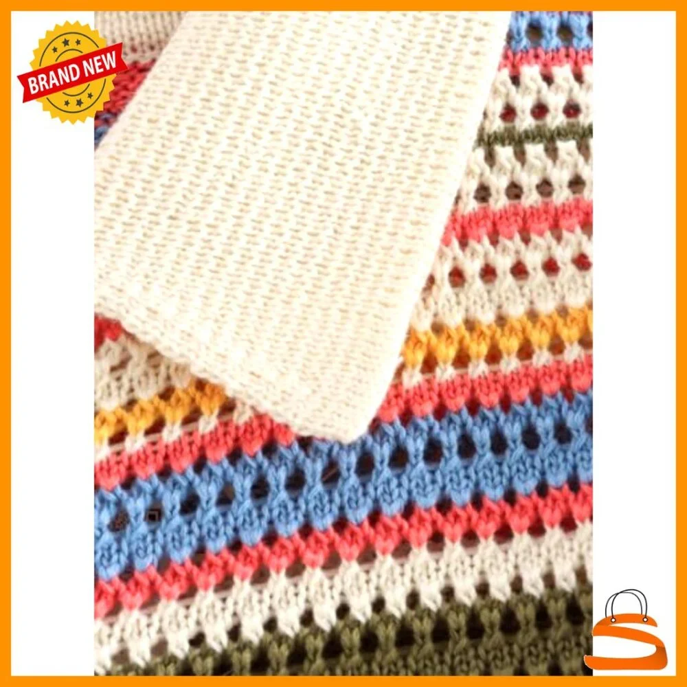 Cropped Polo Sweater Striped Button-Up Knit Top Short Sleeve - Picture 6 of 7